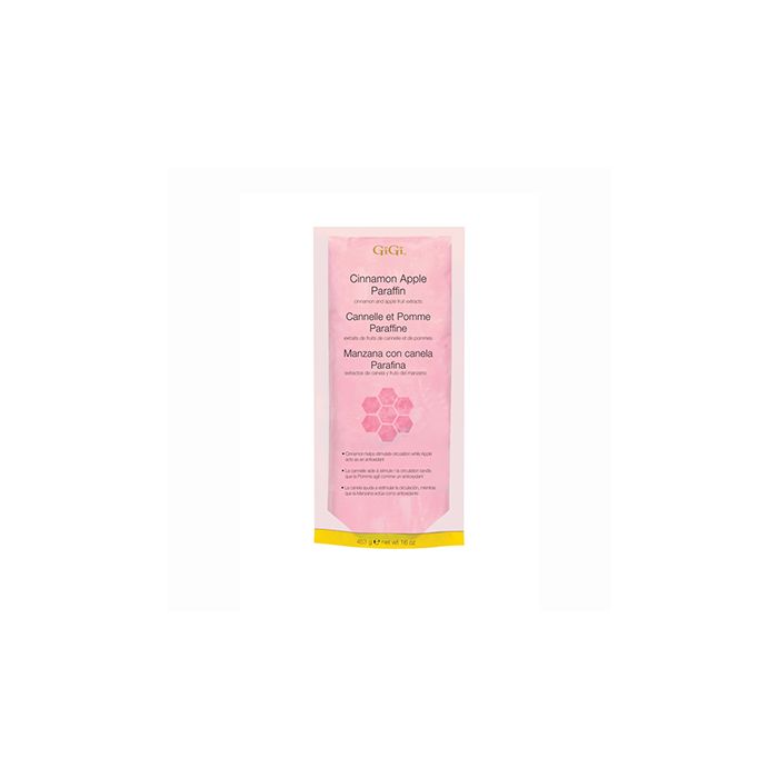 A 16 ounce retail pack of GiGi Cinnamon Apple Paraffin Wax  labelled with product name in 3 languages