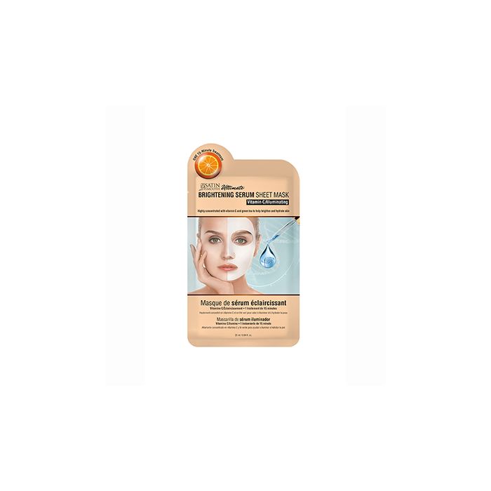 Front of Satin Smooth Brightening Serum Sheet Mask Vitamin C/Illuminating foil pack featuring a model & product information