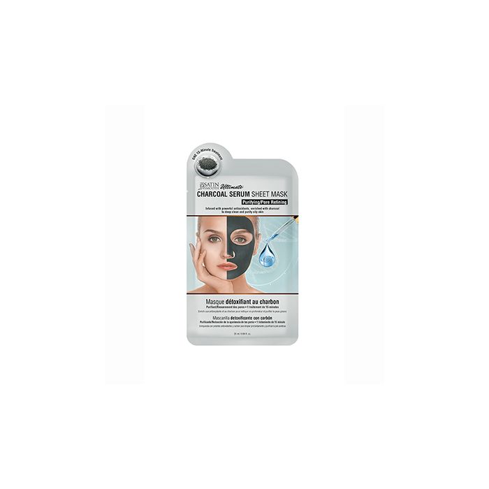 Front view of a grey Satin Smooth Charcoal Serum Sheet Mask sterile foil packaging featuring product information 