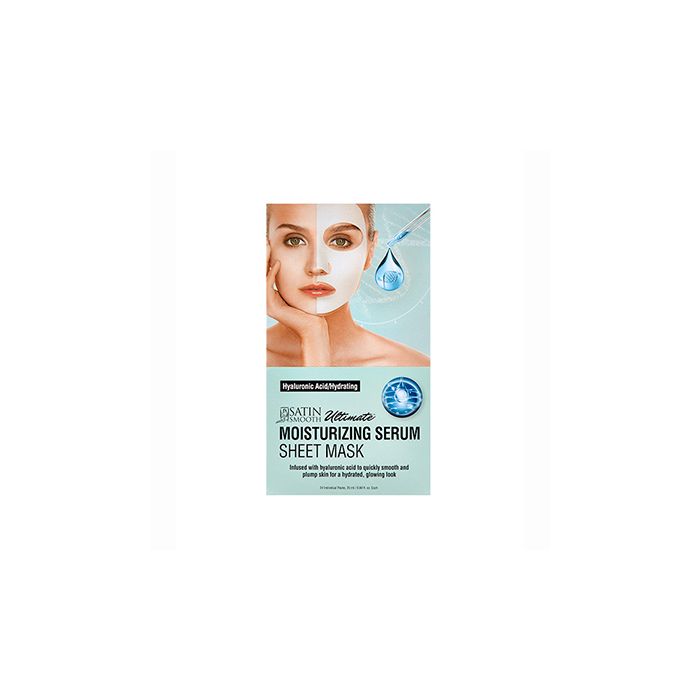 Front view of a Satin Smooth Moisturizing Serum Sheet Mask Hyaluronic Acid/Hydrating retail box with product information 