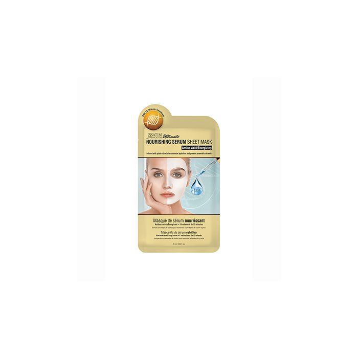 Front view of a yellow Satin Smooth Nourishing Serum Sheet Mask sterile foil packaging with product information 