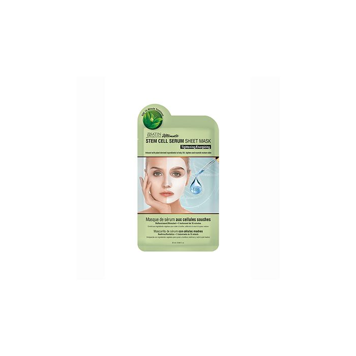 Front view of a green Satin Smooth Stem Cell Serum Sheet Mask sterile foil packaging with product information 