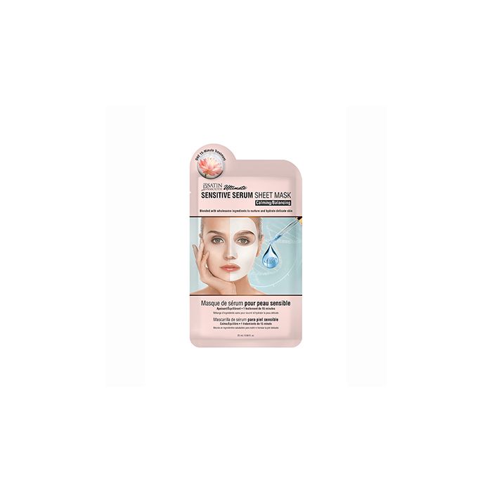 Front view of a light pink Satin Smooth Sensitive Serum Sheet Mask sterile foil packaging featuring product information 