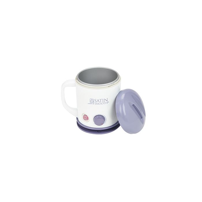 Front view of Satin Smooth Select-A-Temp Wax Wamer with handle displayed on its right &  lid  leaning to its left side