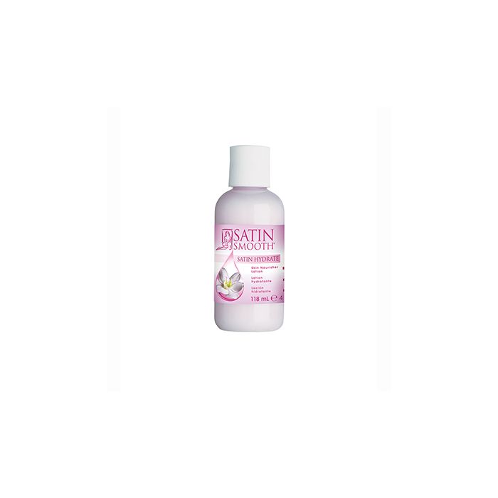 Front view of a Satin Smooth Satin Hydrate Skin Nourisher 4 ounce bottle featuring its light pink moisturizer contents