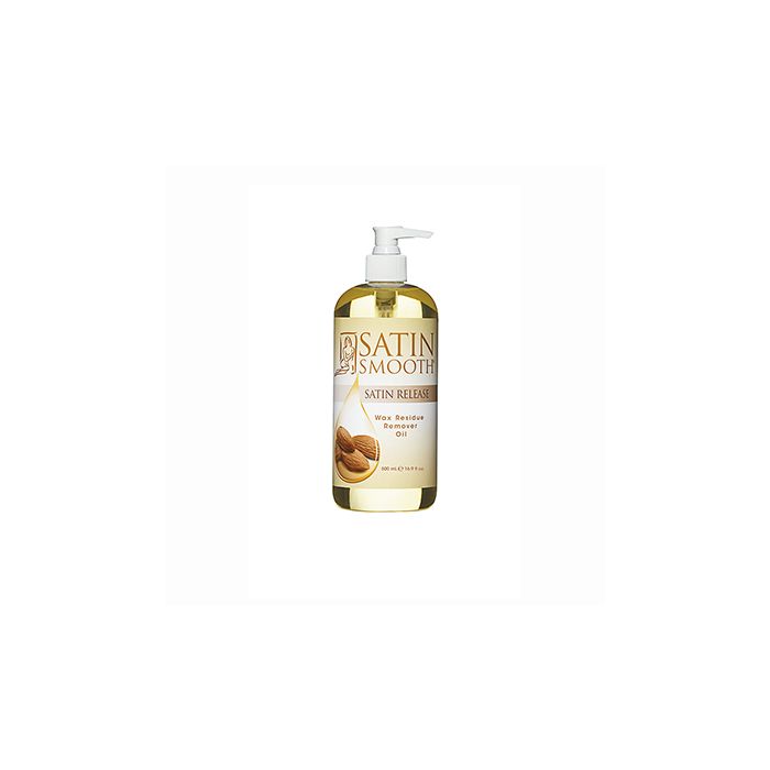 Front view of a Satin Smooth Satin Release Wax Residue Remover 16 ounce pump bottle showing its light amber oil contents