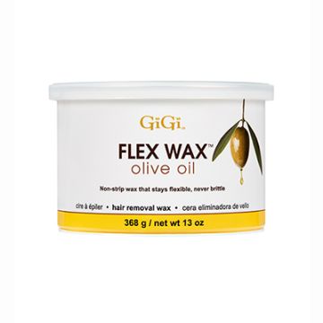 Front view of a 13 ounce container of GiGi Flex Wax Olive Oil capped with its lid