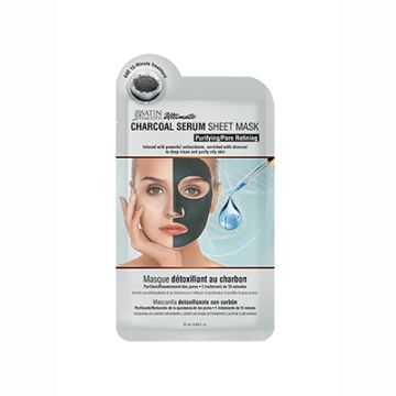 Front view of a grey Satin Smooth Charcoal Serum Sheet Mask sterile foil packaging featuring product information 