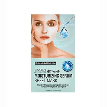 Front view of a Satin Smooth Moisturizing Serum Sheet Mask Hyaluronic Acid/Hydrating retail box with product information 
