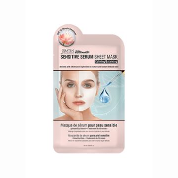 Front view of a light pink Satin Smooth Sensitive Serum Sheet Mask sterile foil packaging featuring product information 