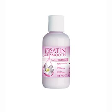 Front view of a Satin Smooth Satin Hydrate Skin Nourisher 118 ml bottle featuring its light pink moisturizer contents