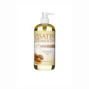 Front view of a Satin Smooth Satin Release Wax Residue Remover 16 ounce pump bottle showing its light amber oil contents